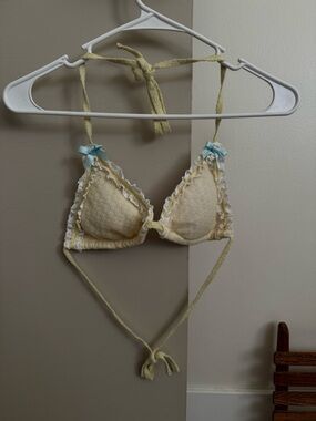 Yellow Triangle Lace Trim Bikini top with Blue Accent